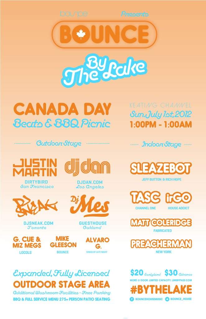 Bounce by the Lake Canada Day Beats & BBQ Picnic: Justin Martin, Dj Dan & Dj Sneak, - Página frontal