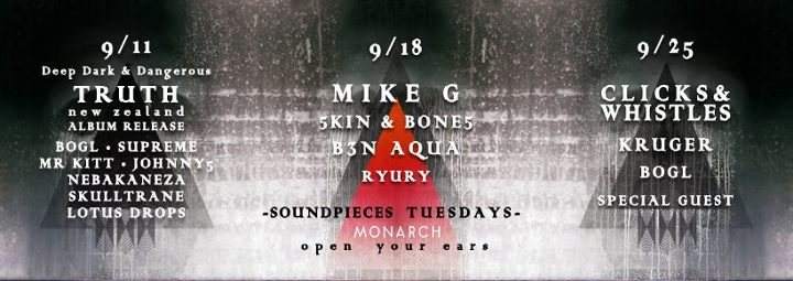 Soundpieces Tuesdays with Mike G, 5kinandbone5, Ben Aqua, Ryury - フライヤー表