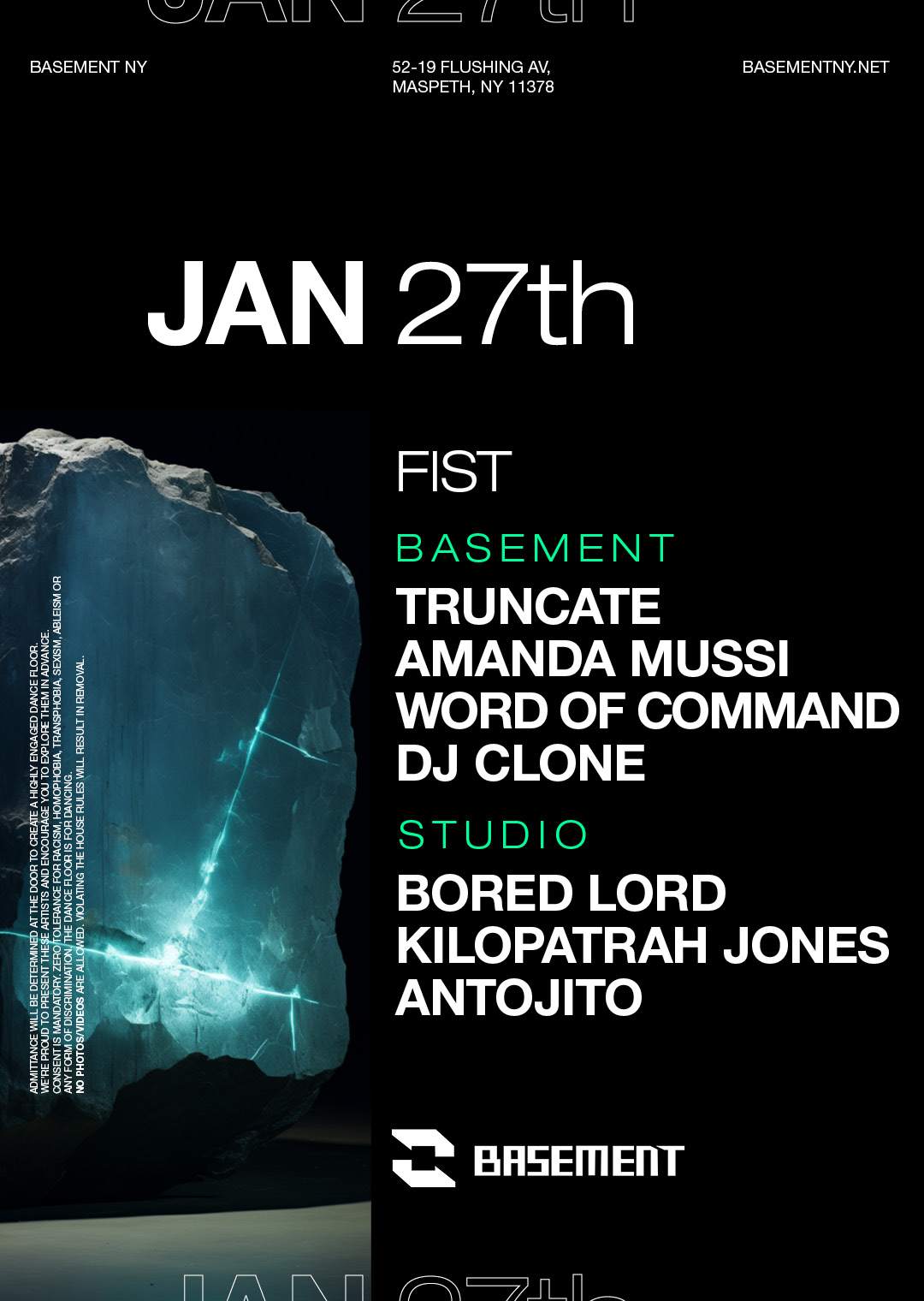 FIST: Truncate/ Amanda Mussi/ Word of Command/ DJ Clone/ Bored Lord/ Kilopatrah Jones/ ANTOJITO - フライヤー表