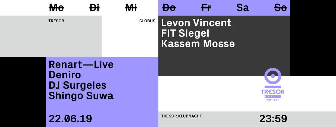 Tresor.Klubnacht with Levon Vincent, Kassem Mosse, Deniro, DJ Surgeles - Página frontal