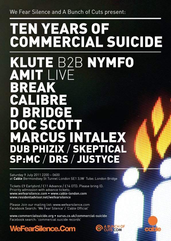 We Fear Silence present 10 Years Of Commercial Suicide with Klute, Break, Calibre, D Bridge, Doc Scott, Marcus Intalex and More.. - Página frontal