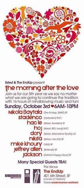 Listed & The Endup present A 16 Hour Extravaganza From Morning Till Evening: The Morning After The Love - フライヤー表