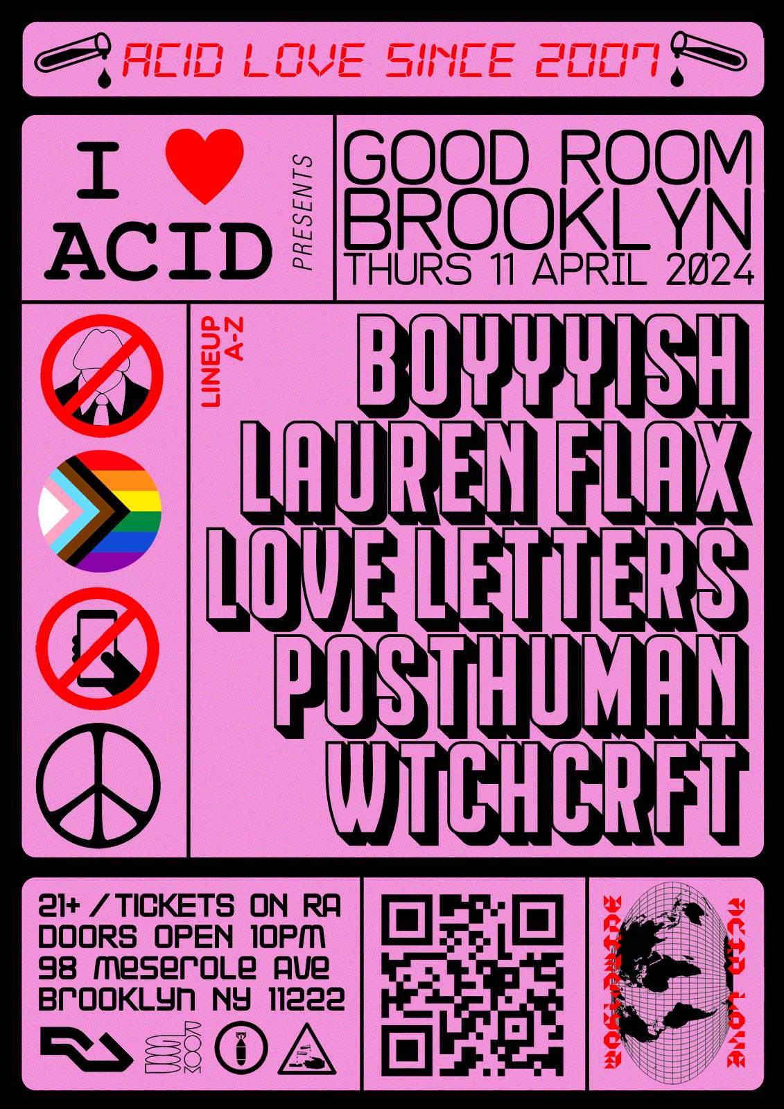 I Love Acid: boyyyish, Lauren Flax, Love Letters, Posthuman, WTCHCRFT - フライヤー表