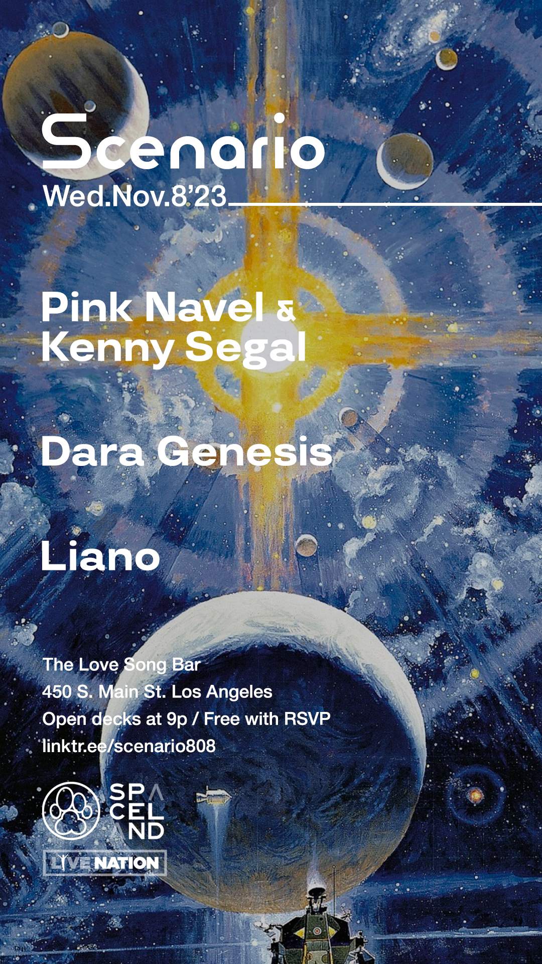 Scenario: Pink Navel & Kenny Segal, Dara Genesis, Liano - Página frontal