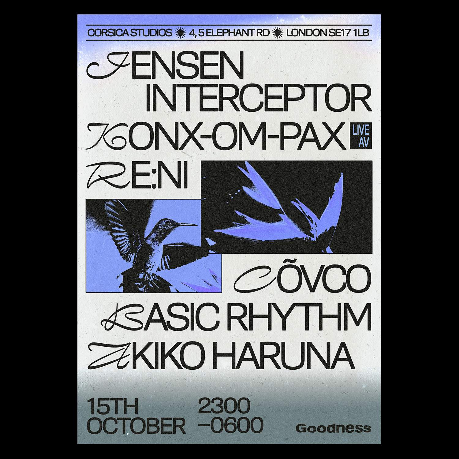 Goodness: Jensen Interceptor, re:ni, Konx om Pax (live/AV), Basic Rhythm, Covco, Akiko Haruna - Flyer front
