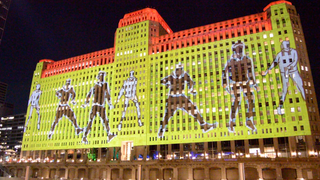 Footwork film projected onto Downtown Chicago's Merchandise Mart image