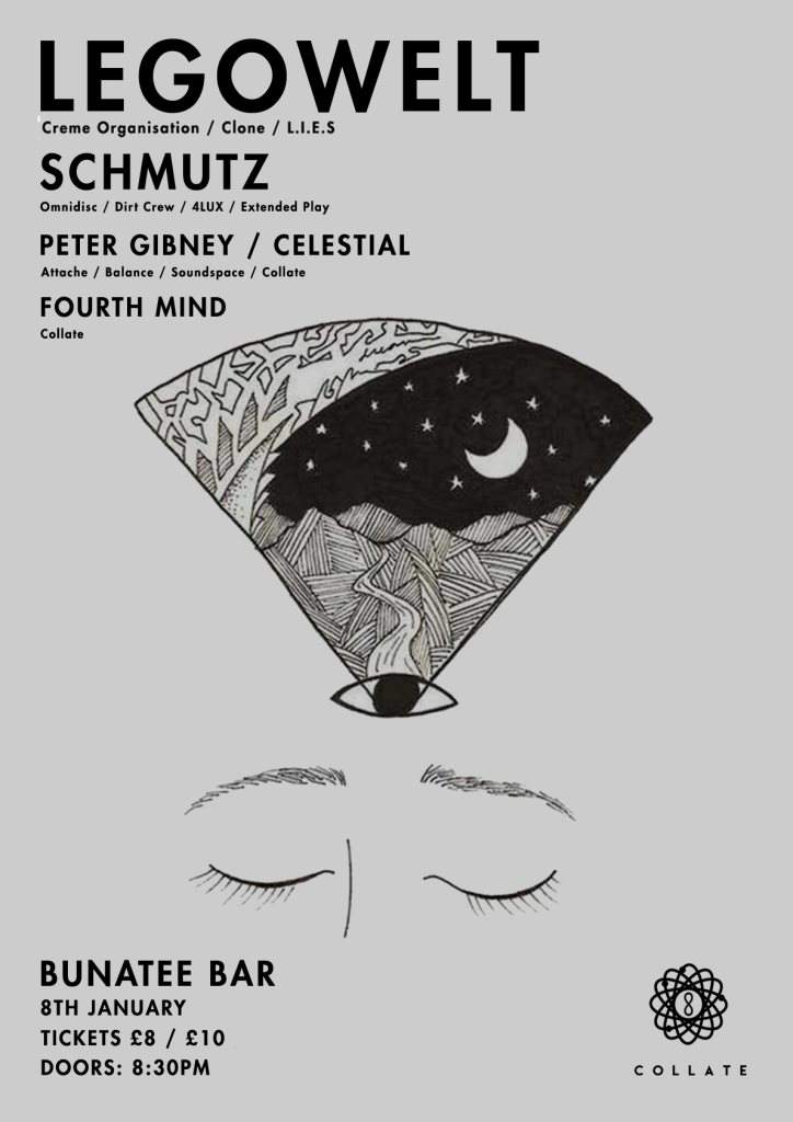 Collate presents: Legowelt, Schmutz, Peter Gibney, Celestial and Fourth Mind - Flyer front