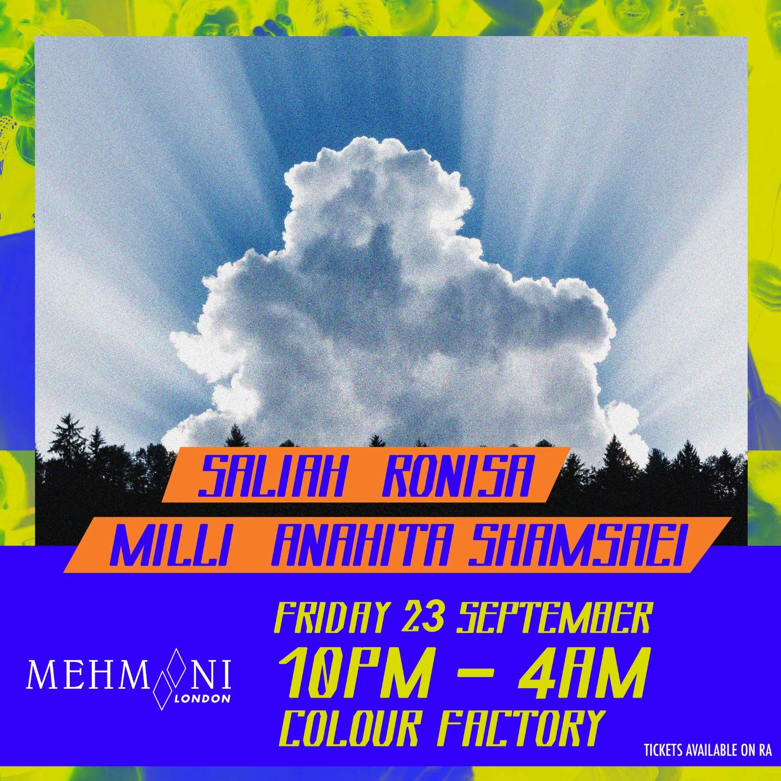 Mehmooni London feat. Saliah, Ronisa, Milli & Anahita Shamsaei - Flyer front