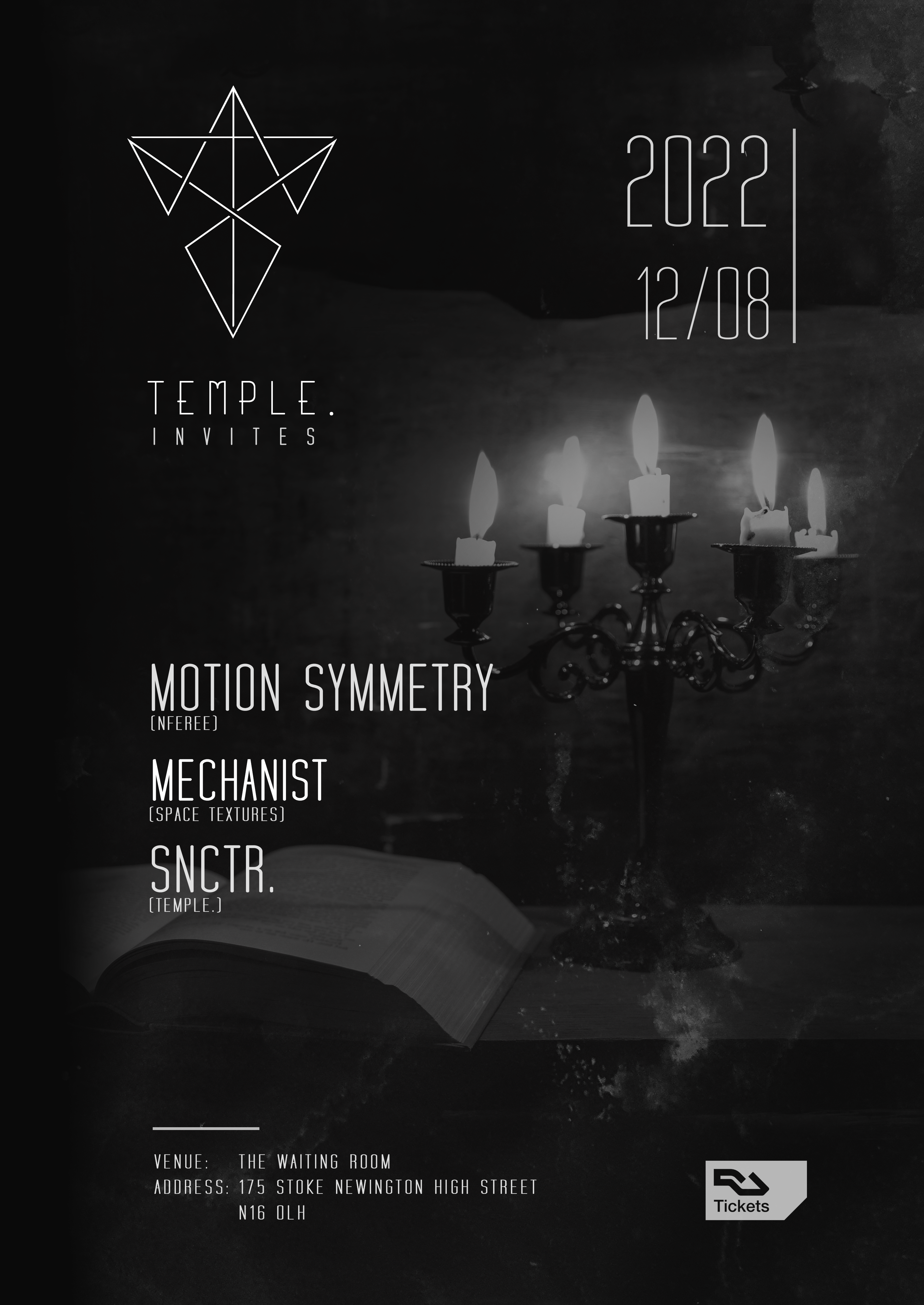 Temple.Invites: Motion Symmetry, Mechanist, SNCTR - Flyer front